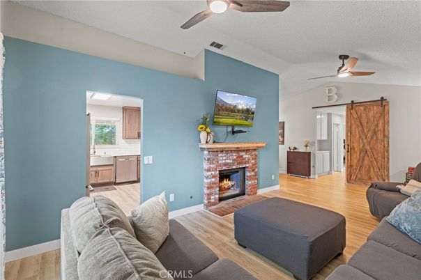 Fireplace, Interior, Kitchen, Living room, Wood Texture Flooring