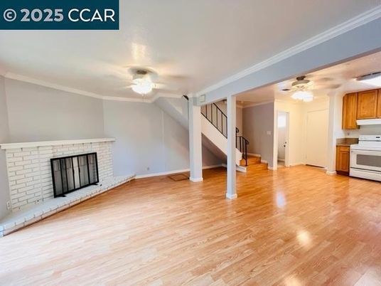 Empty room, Fireplace, Interior, Kitchen, Wood Texture Flooring