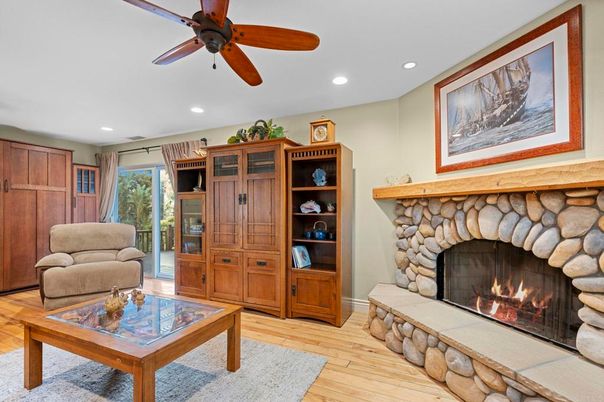 Fireplace, Interior, Living room, Recessed Lighting, Wood Texture Flooring