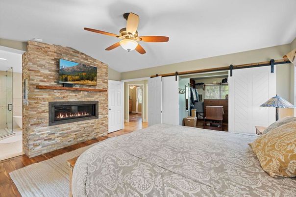 Bedroom, Fireplace, Interior, Stone Walls, Wood Texture Flooring