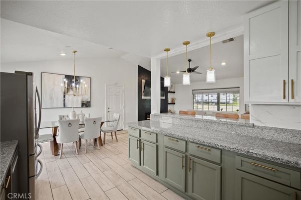 Dining room, Interior, Kitchen, Pendant Lights, Recessed Lighting, Wood Texture Flooring