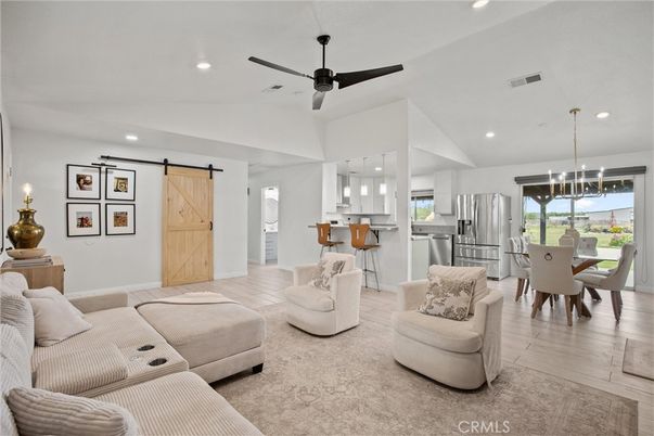 Dining room, Interior, Kitchen, Living room, Pendant Lights, Recessed Lighting, Stainless Steel Appliances, Wood Texture Flooring