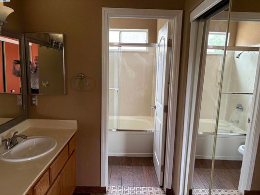 Bathroom, Glass Shower, Interior, Wood Texture Flooring
