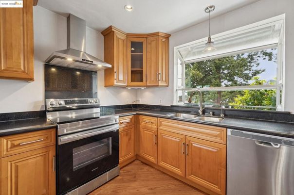 Interior, Kitchen, Pendant Lights, Recessed Lighting, Stainless Steel Appliances, Wood Texture Flooring
