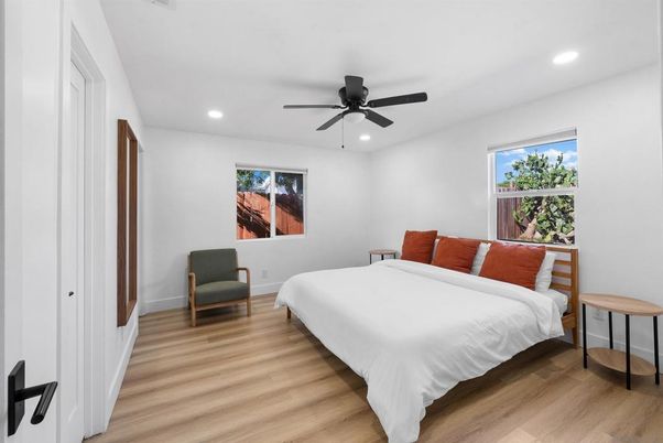 Bedroom, Interior, Recessed Lighting, Wood Texture Flooring