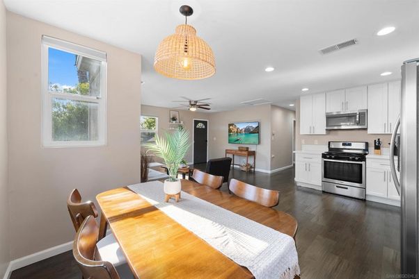 Dining room, Interior, Kitchen, Recessed Lighting, Stainless Steel Appliances, Wood Texture Flooring