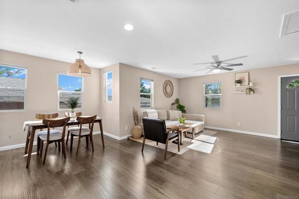 Dining room, Interior, Living room, Recessed Lighting, Wood Texture Flooring