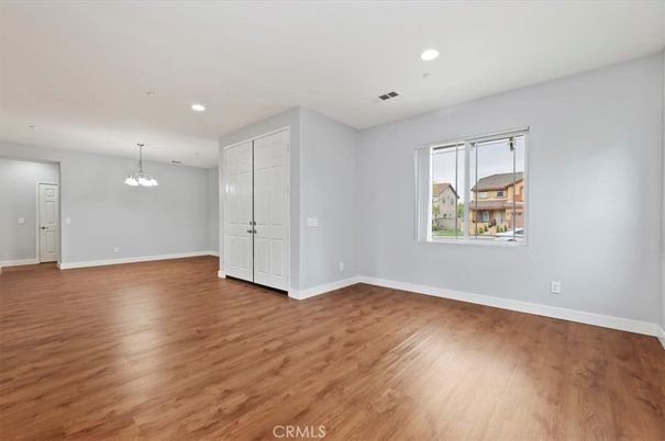 Chandelier, Empty room, Interior, Recessed Lighting, Wood Texture Flooring
