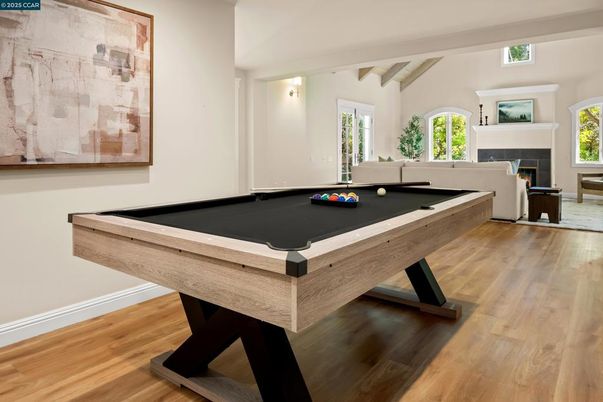 Billiard Table, Fireplace, Game Room, Interior, Wood Texture Flooring