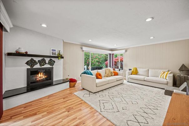Fireplace, Interior, Living room, Recessed Lighting, Wood Texture Flooring