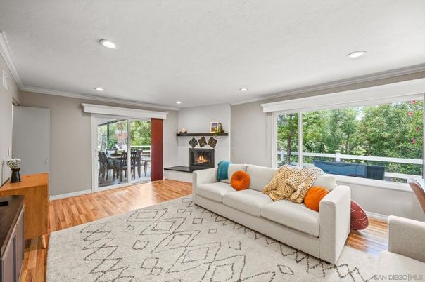 Dining room, Fireplace, Interior, Living room, Recessed Lighting, Wood Texture Flooring