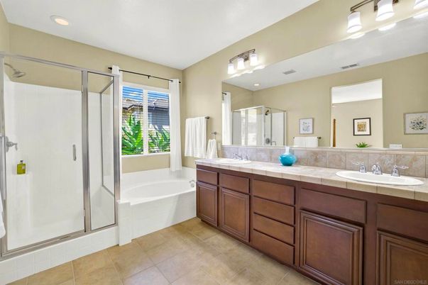 Bathroom, Dual Sink Vanities, Glass Shower, Interior, Recessed Lighting, Tile Countertops