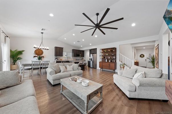 Chandelier, Dining room, Interior, Kitchen, Living room, Recessed Lighting, Stainless Steel Appliances, Wood Texture Flooring