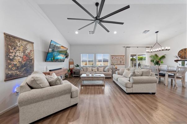 Chandelier, Dining room, Interior, Living room, Pendant Lights, Recessed Lighting, Wood Texture Flooring
