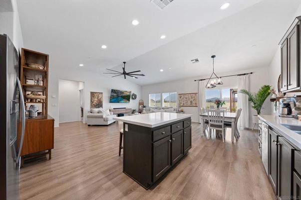 Dining room, Interior, Kitchen, Living room, Pendant Lights, Recessed Lighting, Wood Texture Flooring
