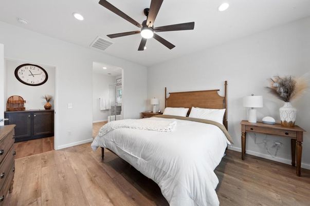 Bedroom, Interior, Recessed Lighting, Wood Texture Flooring