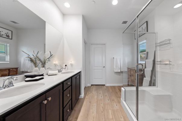 Bathroom, Dual Sink Vanities, Interior, Recessed Lighting, Wood Texture Flooring