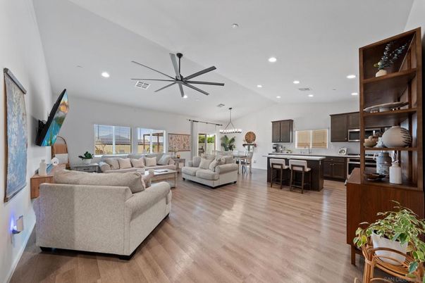 Dining room, Interior, Kitchen, Living room, Pendant Lights, Recessed Lighting, Wood Texture Flooring