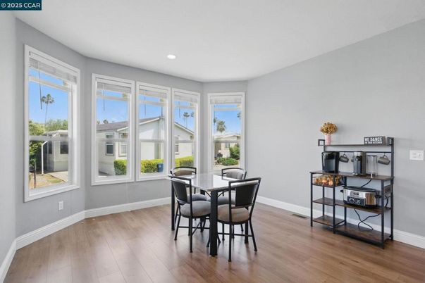 Dining room, Interior, Recessed Lighting, Wood Texture Flooring
