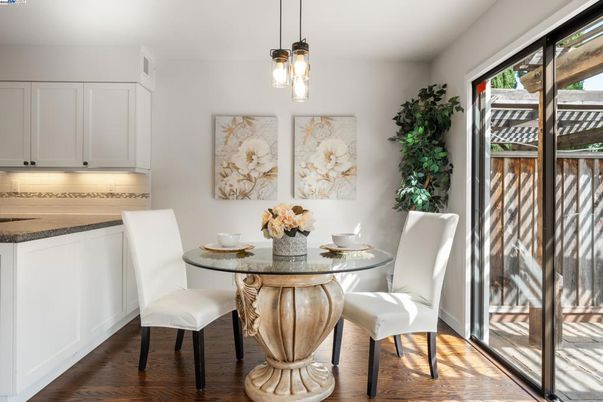 Dining room, Interior, Pendant Lights, Wood Texture Flooring
