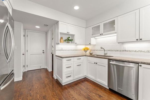 Interior, Kitchen, Recessed Lighting, Stainless Steel Appliances, Wood Texture Flooring