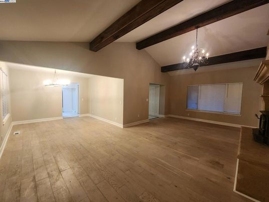 Chandelier, Empty room, Interior, Wooden Beams, Wood Texture Flooring