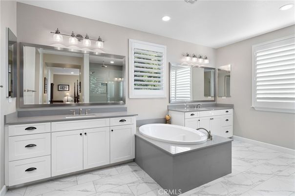Bathroom, Dual Sink Vanities, Interior, Marble, Recessed Lighting