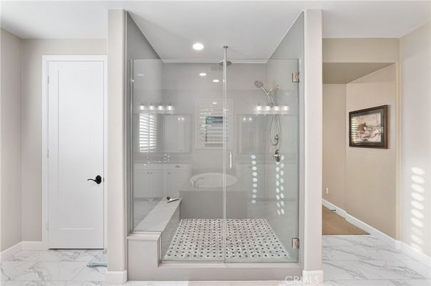 Bathroom, Glass Shower, Interior, Marble, Recessed Lighting