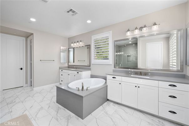 Bathroom, Dual Sink Vanities, Interior, Marble, Recessed Lighting