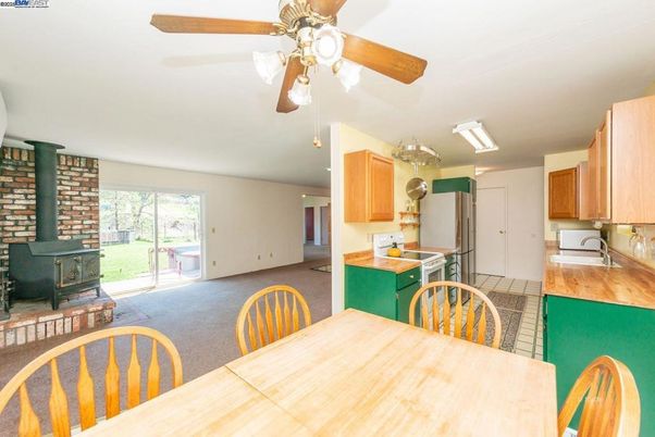 Dining room, Fireplace, Interior, Kitchen, Stone Walls