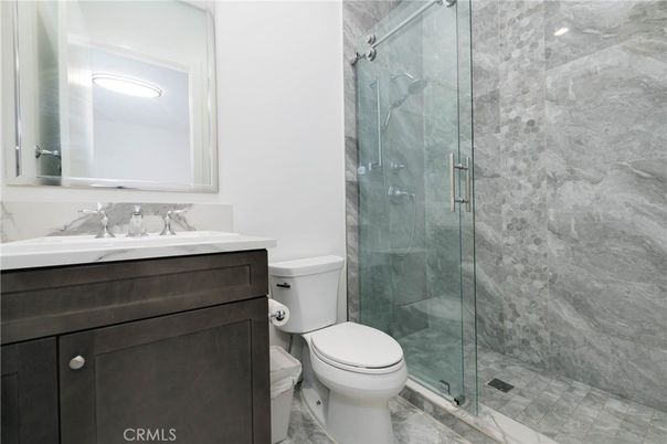 Bathroom, Glass Shower, Interior, Marble Walls, Recessed Lighting