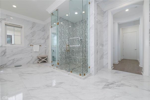 Bathroom, Glass Shower, Interior, Marble, Marble Walls, Recessed Lighting