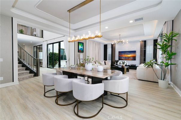Chandelier, Dining room, Interior, Living room, Pendant Lights, Recessed Lighting, Wood Texture Flooring