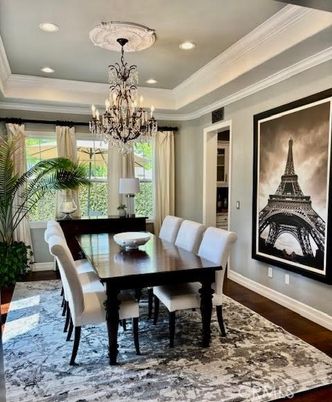 Chandelier, Dining room, Interior, Recessed Lighting, Wood Texture Flooring