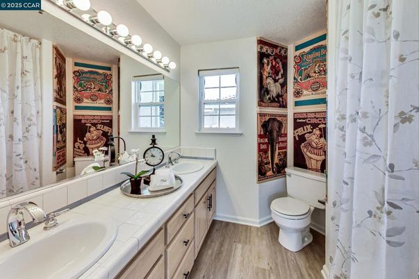 Bathroom, Dual Sink Vanities, Interior, Tile Countertops, Wood Texture Flooring