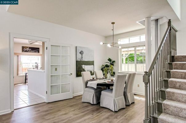 Dining room, Interior, Pendant Lights, Wood Texture Flooring