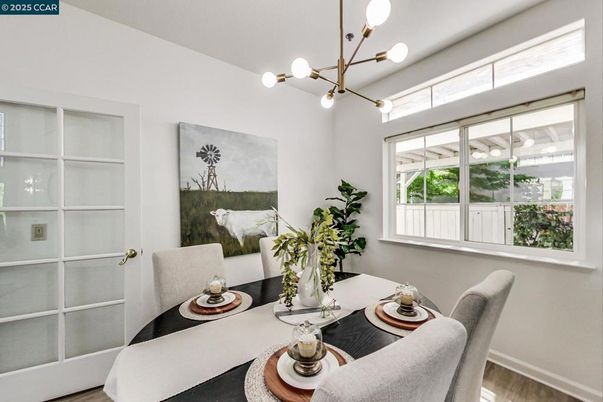 Dining room, Interior, Pendant Lights, Wood Texture Flooring