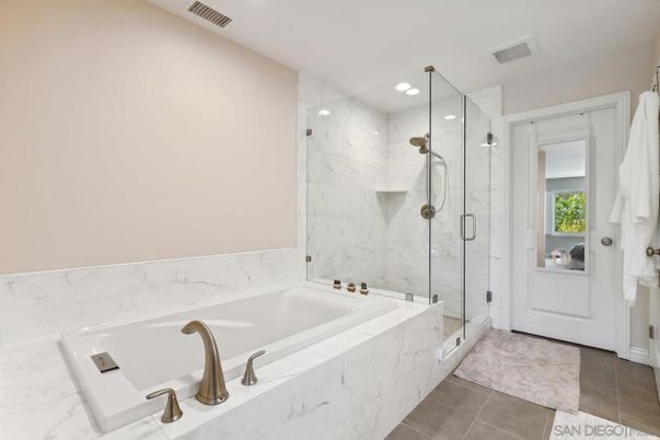 Bathroom, Glass Shower, Interior, Marble Walls, Recessed Lighting