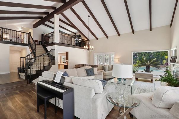 Chandelier, Dining room, Interior, Living room, Pendant Lights, Piano, Wooden Beams, Wood Texture Flooring