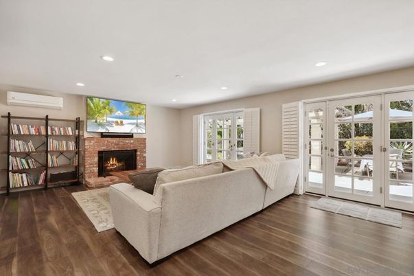 Fireplace, Interior, Living room, Recessed Lighting, Wood Texture Flooring