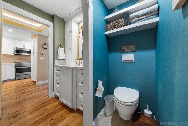 Bathroom, Interior, Kitchen, Recessed Lighting, Stainless Steel Appliances, Wood Texture Flooring