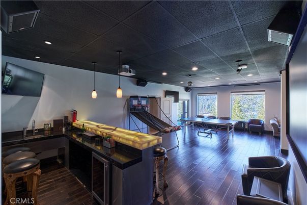 Billiard Table, Game Room, Interior, Pendant Lights, Recessed Lighting, Wood Texture Flooring