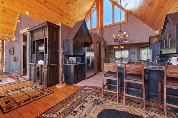 Chandelier, Interior, Kitchen, Stainless Steel Appliances, Wooden Ceilings, Wood Texture Flooring