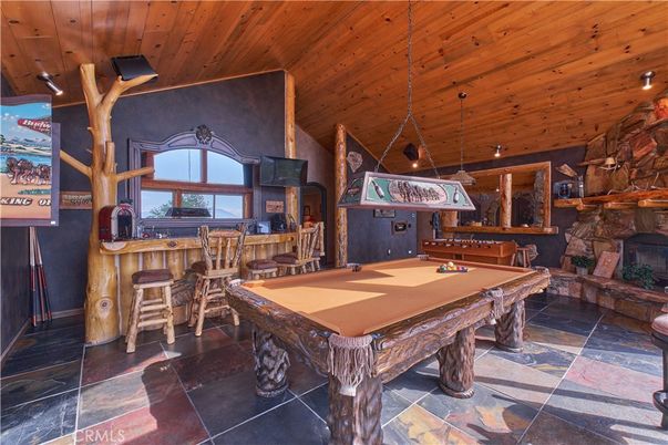 Billiard Table, Fireplace, Game Room, Interior, Pendant Lights, Wooden Ceilings