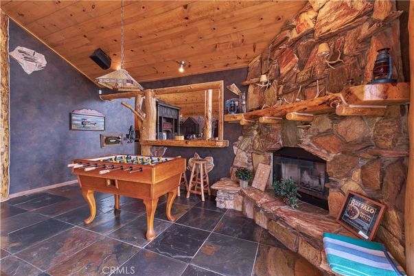 Billiard Table, Fireplace, Game Room, Interior, Wooden Ceilings, Wooden Walls