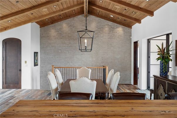 Dining room, Interior, Pendant Lights, Recessed Lighting, Stone Walls, Wooden Beams, Wooden Ceilings, Wood Texture Flooring