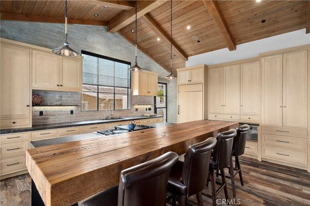 Interior, Kitchen, Pendant Lights, Recessed Lighting, Stainless Steel Appliances, Wooden Beams, Wooden Ceilings, Wood Texture Flooring