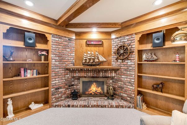 Fireplace, Interior, Recessed Lighting, Stone Walls, Wooden Beams