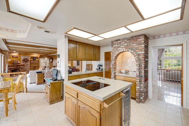 Fireplace, Interior, Kitchen, Recessed Lighting, Stone Walls