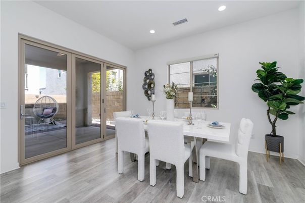 Dining room, Interior, Recessed Lighting, Wood Texture Flooring